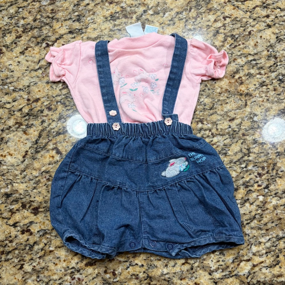 Little Miracles Girls Bunny Hop Denim Overall Bloomers and Pink Top Set 6/9M